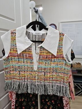 storets Multicolor Tweed Crop Top with White Collar